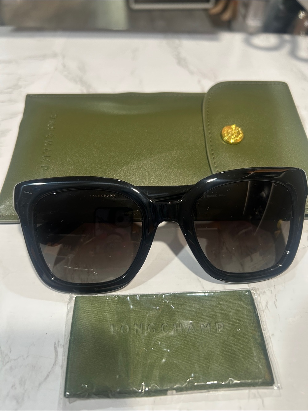 Longchamp Black Oversized Square Sunglasses with Olive Accessories